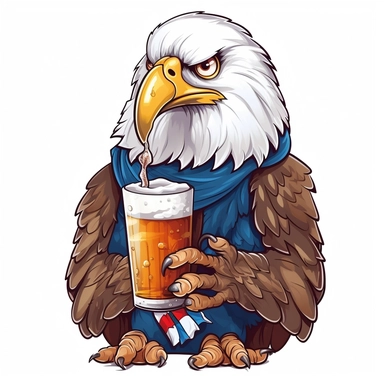 bald eagle drinking a beer, cartoon style, clip art, white background