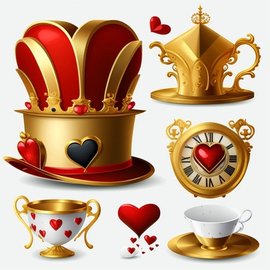 collection of hat , teapot,book, teacup, hearts cards, big crazy hat, gold melting clock , hourglass, queen of hearts , hearts paying cards vector clipart intrincate, luxurious on white background