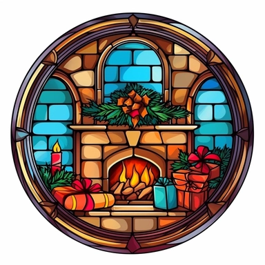 Circle stained glass of Christmas gifts lying by the fireplace, clipart on solid white background