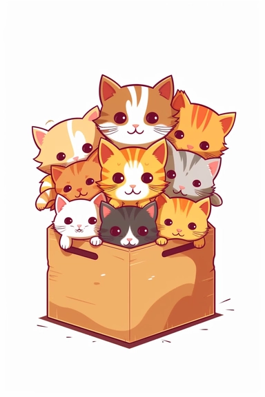 a box filled with cute kittens vector clip art, on a solid white background with no shadows or shadding, tshirt design, vector artwork, white background, clean design
