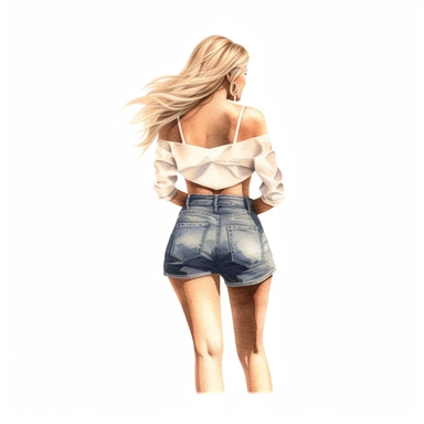 glamour model posing, blonde hair, hotpants, full length, her back is facing the camera, her head is looking to the right, her hair up is up in a ponytail, watercolour style, fine details, 8k clipart png transparent
