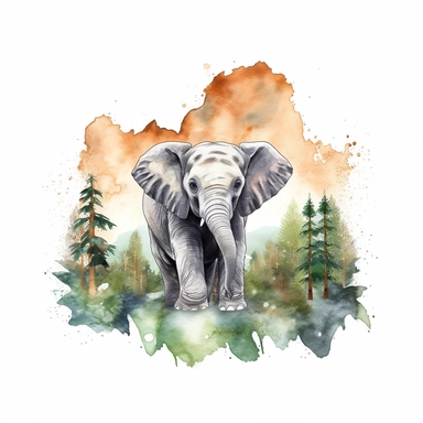 watercolor style, baby elephant with the mountain forest in the back clipart, isolated on white background, hd, t-shirt design