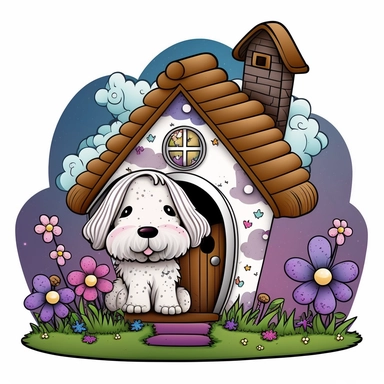 clipart with white background of a doghouse in the style of mystical fantasy, magical, kawaii style