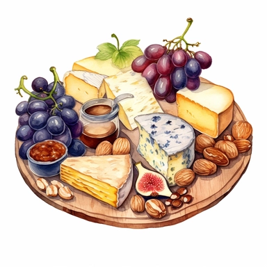 Watercolor cheese platter with wallnuts and grapes and raisins and figs nicely placed along with cheese on a very large wooden flat plate or cutting board, illustrations clipart set, simple, soft colors, cartoon elements, different variants, cheese from around the world, wooden elements, separate elements with a margin