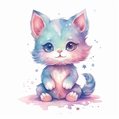 A watercolor painting of a cute little kitten sitting on the ground.