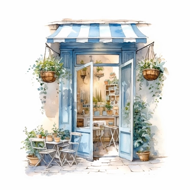front illumination of ultra - realistic watercolor painting of baby blue cute french cafe interior with open doors clipart, french cafe theme, pastry delicious, cute flowers, serene, cottagecore, 8k trending on etsy, plants overgrowing everywhere, aesthetic, naturalisting, cottagecore, plants, magical, white background, isolated on white, watercolor illustration, award winning