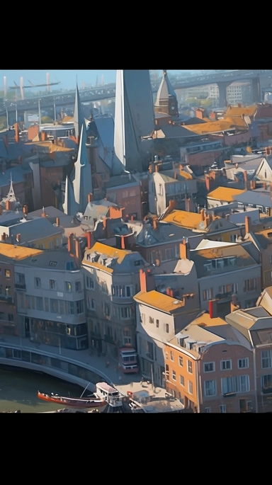 Bird's-eye view of the city, shot in focus, photographic shot, film clip, sparkling image. The picture has a dynamic rhythm, beautiful light and shadow, high saturation, oil painting texture, atmosphere, villagecore, cabincore, realistic fantasy art, soft and dreamy depiction, 8k, ultra high definition, symmetrical composition, details, harmonious image
