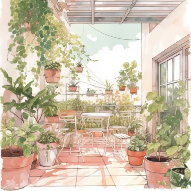watercolor, hyper realistic, white background, white margins, 16k, ultra detailed clipart, cut out image, hand-drawn, whimsical manhwa style ultra HD A cozy terrace with a mix of small and large potted plants in shades of green, pink and white. A soft light shines on the area, creating a warm and inviting atmosphere