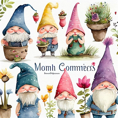 watercolor, clipart set isolate, Garden Gnomes: Clipart illustrations of adorable garden gnomes with pointy hats and cheerful expressions, adding a whimsical touch to your designs.