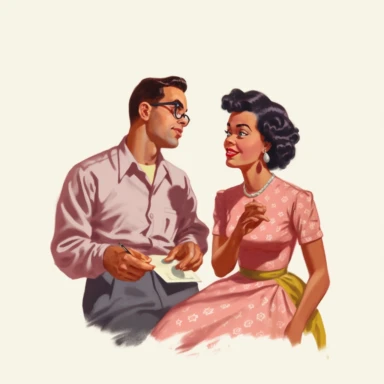 vintage 1950s illustration black woman talking to husband Clipart, on a white background, vintage aesthetic, character focus, 4K resolution, no background, realistic rendering, use using Cinema 4D