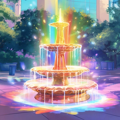 holographic fountain at a party. The watercolor clipart style adds to the whimsical and festive atmosphere of the occasion. The lighting is set for a nice day, with the sun's rays casting a warm glow on the fountain's holographic display. The colors used are vibrant and enthusiastic, with the holographic effect enhancing the visual appeal of the fountain. The composition of the scene is set to capture the best view of the fountain, with attention paid to its placement in the party space for maxi