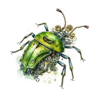 a steampunk style mechanic green bug with watercolor effect,steampunk style gear wheels,unrealistic,suitable for digital cliparts , fantastic scene , high quality,fantastic scene