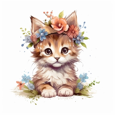 watercolor style, cute baby cat, smile, smile, wear flower crown, white background, pixar style details Sublimation Clipart,hyper realistic, intricate detail, illustration style, isolated on white background for removing background