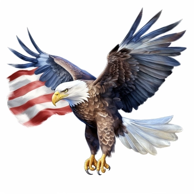 flying bald eagle with american flag in his talons, clip art, white background