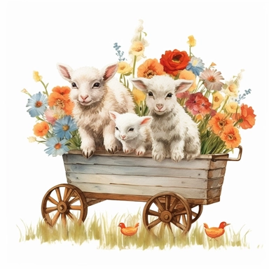 baby farm animals on a hay wagon a spring day, spring flowers and colors on a white background, clipart, vintage style--q2--s100