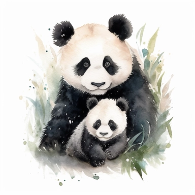 panda bear with a cub, watercolor style clipart
