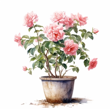 a simple gorgeous pink rose flowers tree growing out from a pot on white background clipart, png, watercolor painting realistic, high quality, vibrant, Vicente Romero Redondo, Willem van Aelst, Elsa Beskow