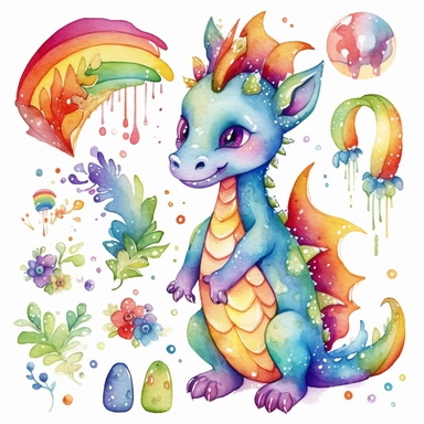 Cute Rainbow Dragon Watercolor Clipart