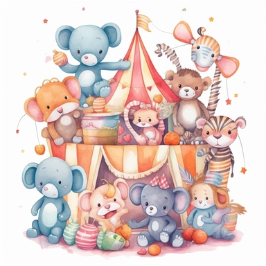 cute, children illustration, cartoon, vector, clipart of the circus birthday, sweet, pastel painting, fresh colors, classic Disney style, white background