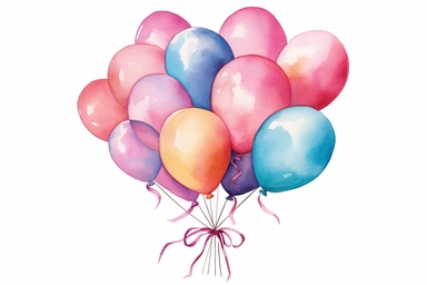 shades of pink balloons bunched up side by side, holding a present, clip art, colourful stock photography, white background