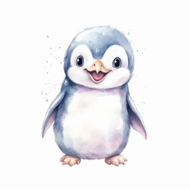 a delightful watercolor clipart image with a white background, portraying a smiling baby penguin, its chubby body and beaming expression adding a touch of cuteness and happiness.