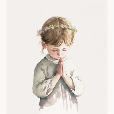 illustration of praying boy, clipart, watercolor, white background, simple, soft colors, boho, minimalism