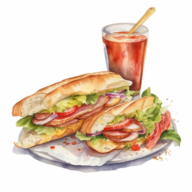 watercolor, hyper realistic, white background, white margins, 16k, ultra detailed clipart, cut out image, hand-drawn, whimsical a fresh baguette sandwich with ham, cheese, lettuce, and tomato, served with a small bowl of potato chips and a glass of iced tea on a bistro table