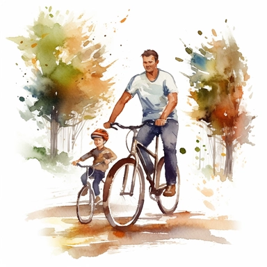 Father and child enjoying a bike ride or going for a walk in the neighborhood, water color style, clipart, white background