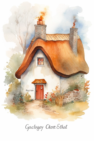 a watercolor clipart on white background of a cozy thatched roof cottage with stone walls and a chimney with smoke coming out, nestled among trees with leaves in shades of red, orange and yellow with vibrant autumn foliage and a pumpkin patch in the garden