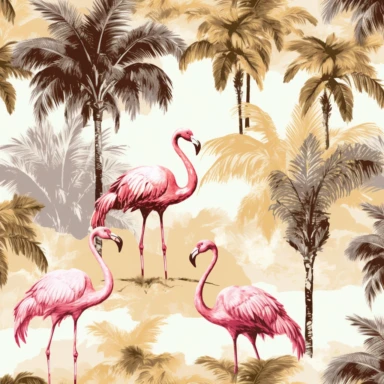 Seamless pattern, Flamingo and palm trees, clipart, Maggie Holmes style, multi color with metallic gold overlays, Pixar style, vintage ivory background — tile