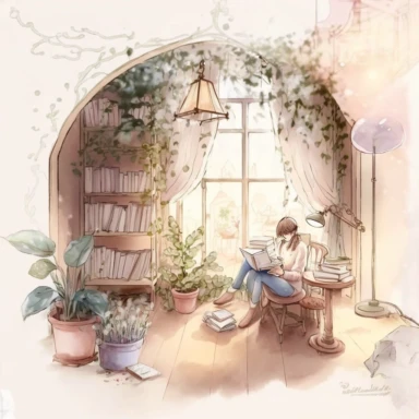 watercolor, clipart, cozy reading nook, elegant, light color palette, procreate digital drawing, plants and books, 16 K, magical, fantasy, sweet home, pixiv, fairytale, aquarelle, cottagecore