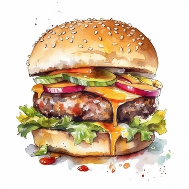 cheeseburger watercolor clipart, white background