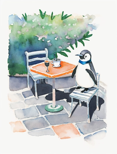 beautifully colored, beautifully illustrated anthropomorphic penguin sitting on a white metal bistro table in the garden , with a cast shadow , beautiful gouache painting, chibi clipart with a cast shadow on white background, beautiful gouache painting, , watercolor art simple watercolor still-life sketch, bold lines, sketch by Kim Jung Gi and by Satoshi Kon