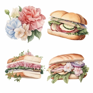 4 watercolor cliparts of neoclassical sandwich with flowers integrated on it, yaka art, Hyperrealistic still life, aurorapunk, 1990s, appropriation artist, hellenistic art