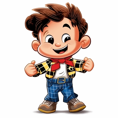 a cute little boy dressed for a brazilian junina party, with jeans, cowboy boots, long-sleeved plaid shirt, happy, Monica's gang style, Graphics Maurício de Sousa, on white background, big eyes, clipart, cartoon, inkley studio, smiling,