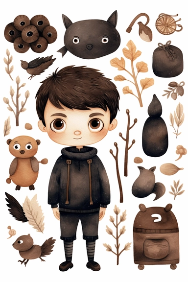 a boy in the style of scrapbook, dark brown theme , dye-transfer, primitive figurines, cute and quirky, lovely, close up, clipart on a white background