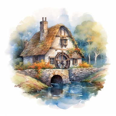 A captivating watercolor clipart artwork showcasing the beauty of an ancient medieval cottage surrounded by nature's tranquility. The cottage, situated alongside a calm and meandering river, features a charming waterwheel that turns gracefully, adding a touch of whimsy to the scene. The artist's meticulous attention to detail brings the rustic cottage to life, with textured stone walls, a thatched roof, and vibrant vegetation. Against a pure white background, the watercolor medium creates a soft
