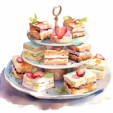 Clipart of dainty tea sandwiches with various fillings, artfully arranged on a tiered tray, showcasing the sophistication and culinary delights of afternoon tea, soft pastel flowers around, in the style of realistic watercolors, feminine sensibilities, detailed illustrations, made of all of the above, in style of Willem Haenraets, clean background, white background, on a white background, transparent background