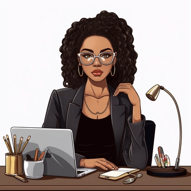 fashion black girl boss working on a clean desk, she look very professional and beautiful, ar 4:7 clipart 1000px