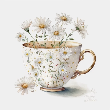 vintage teacup, daisies inside, glitter around, white, gold, glitter, fantasy, realistic illustration, watercolor, by Dinara Mirtalipova, by Disney, by rifle paper co, bright and airy Colors, concept art, white background, clipart
