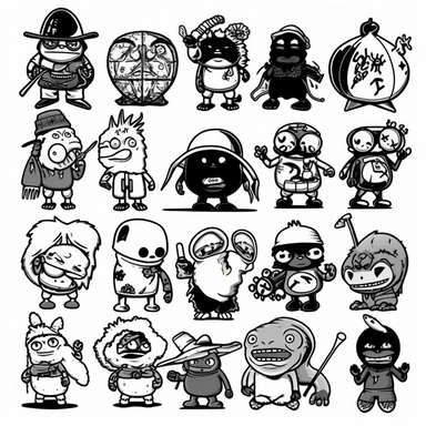 a set of black line clipart inspired by sushi and zombies and muppets and Care Bears and Funko Pop toys