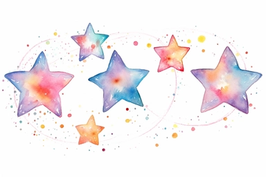 Watercolor, Design a multiple star system with three or more stars orbiting each other in a delicate cosmic ballet clipart, hd, on a white background, spaced out
