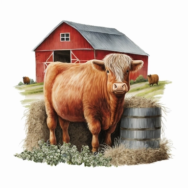 Highland Longhair Cow standing on a hay bale, with a red barn in the background, Watercolor, Clipart, sweet, cute, transparent background PNG