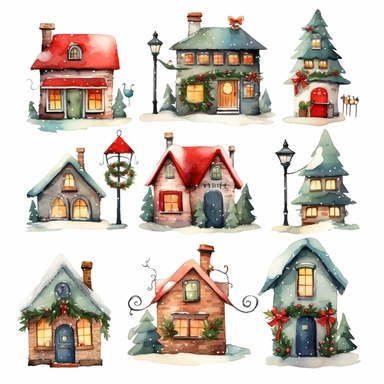 Watercolour cartoon style christmas clipart variations, simple, vector, 8k