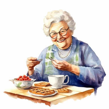 a charming watercolor clipart image with a white background, featuring cute sweet extremely happy Granny enjoying a cup of tea and a crossword puzzle at her kitchen table.