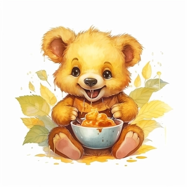 cute smiling happy baby bear eating honey, childrens book illustration, watercolor, artwork, orange color scheme, leaves, sticker design Sublimation Clipart,hyper realistic, intricate detail, illustration style,high solution,on the white background