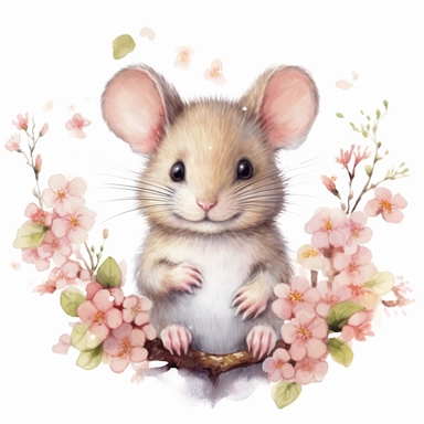 cute mouse Among blossoms, white background, clipart