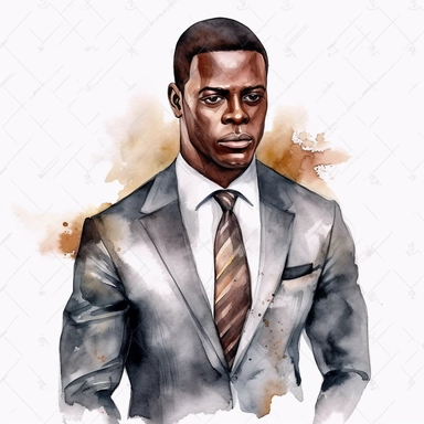 No text Watercolor Clipart Athletic MUSCLE Man in Suit Businessman Handsome Black Skin on white background