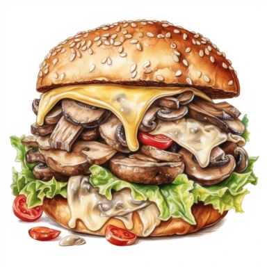 Swiss cheese Burger Ground beef, a lot of swiss cheese, sauteed mushrooms, lettuce, tomato, mayonnaise, brioche bun ,clipart water color, white background, 8k