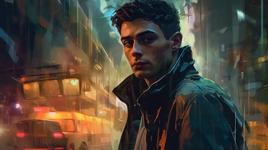 beautiful stunning pretty vintage, futuristic bladerunner style young man, paint art style, clipart, city landscape background, superrealistic, one of a kind